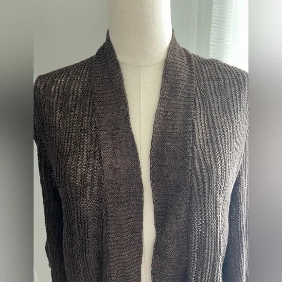 Eileen Fisher Brown Open Front Lightweight Cardigan Silk & Linen Blend Medium - Picture 2 of 10
